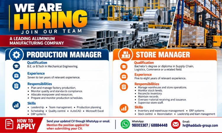 Production Manager and Store Manager Vacancies at an Aluminium Factory